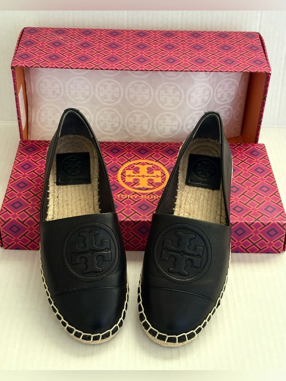 Tory Burch Benton Black Leather Espadrille Slip-Ons with Logo Medallion Size 5